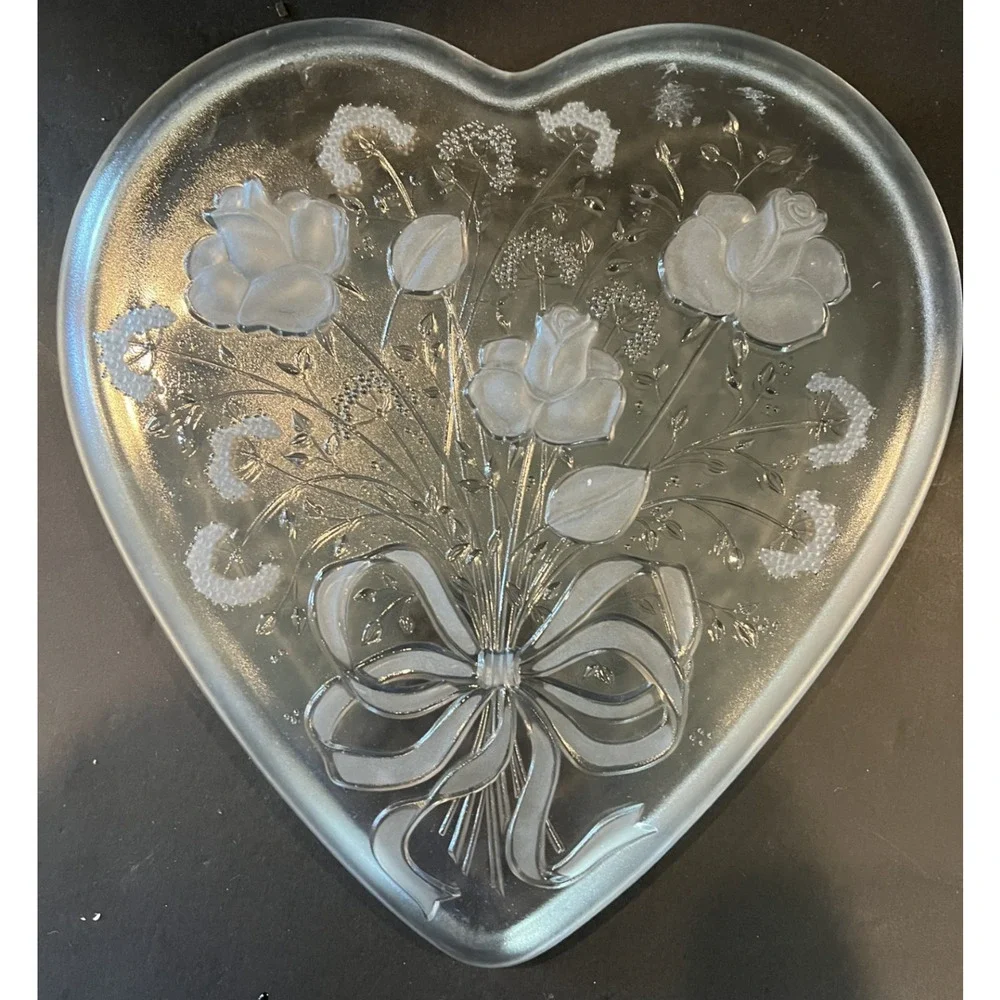 Large Heart Shaped Frosted Rose Glass Platter 13